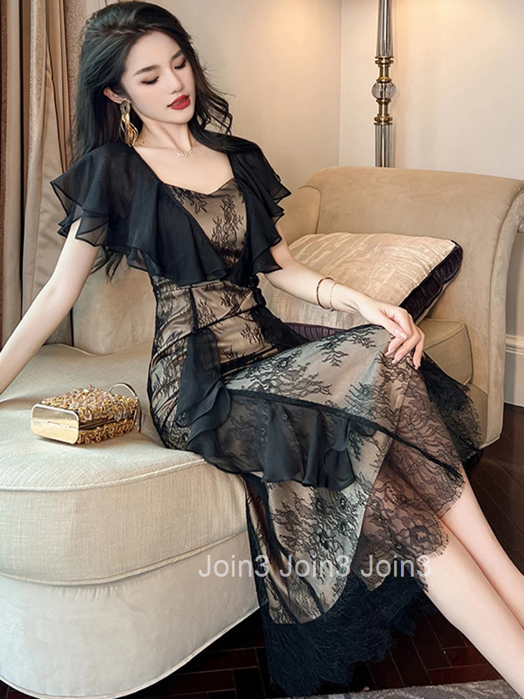 Summer Evening Dress Women Elegant Chic Lace Black Butterfly Sleeve Slim Midi Party Club Mujer Robe Femme Vestido Street Clothes