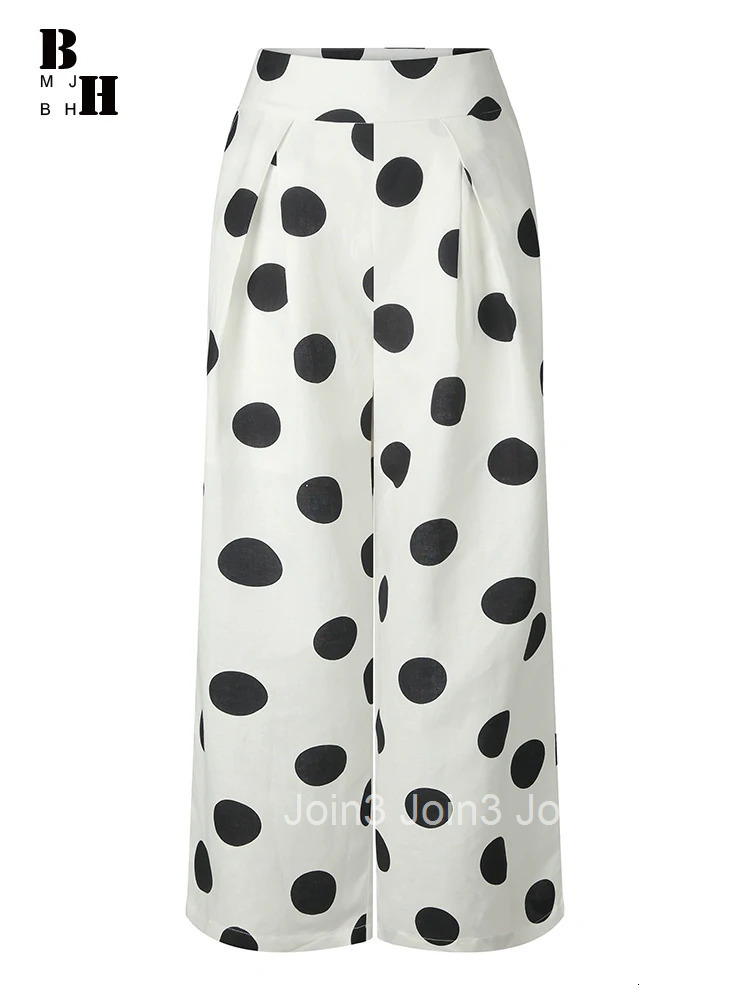 Plus Size Spring Autumn Elegant Formal Commute Cotton Linen Long Pant Women Retro Dot Print Trousers Mujer Wide Leg Loose Pants