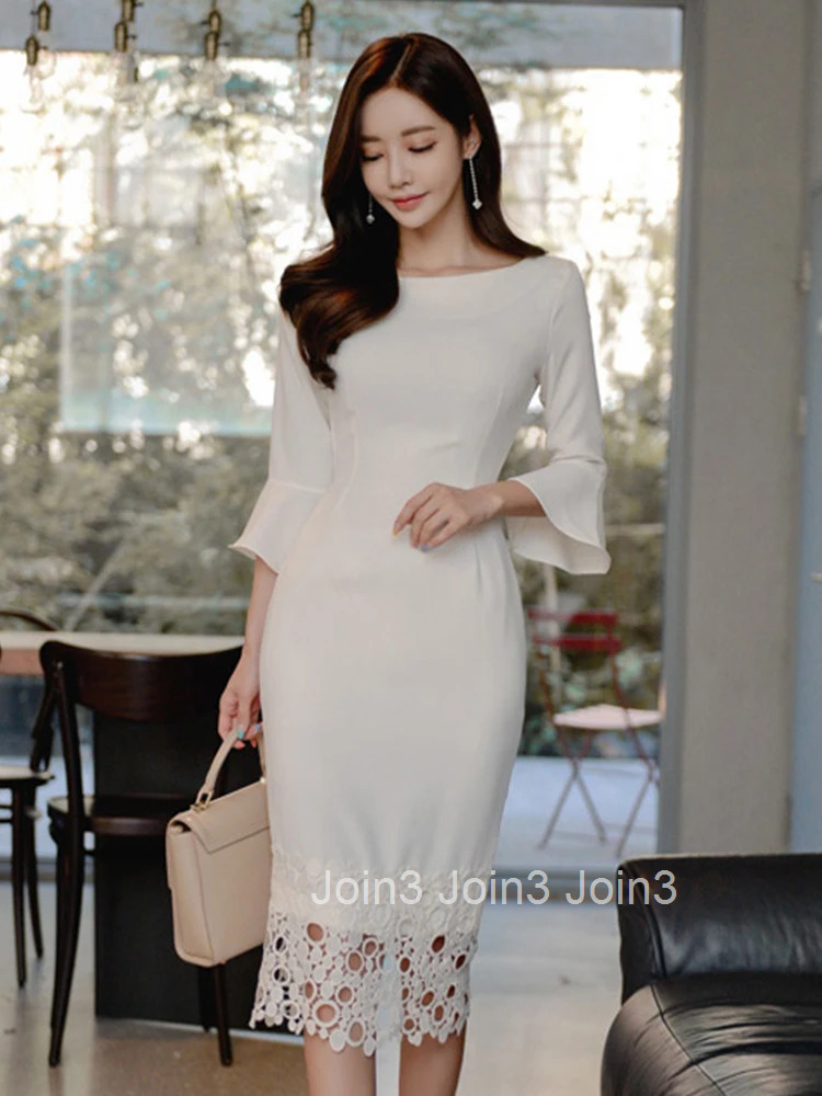 Korean Fashion Summer Elegant Women Evening Dress Formal Chic White O-Neck Slim Midi Pencil Party Prom Robe Femme Mujer Vestidos