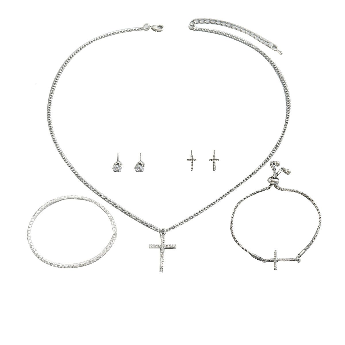 Wind Women's Necklace Jewelry Set Personality Cross Design Inlaid Earrings Bracelet