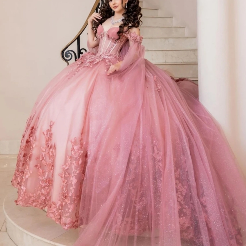 Blush Shiny Ball Gown Quinceanera Dresses Bow Beaded Crystal With Cape Tull Sweet 16 Dress Vestidos De 15 Anos