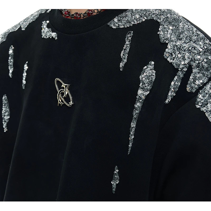 LUZHEN Handsome Streetwear Sequin Patchwork Pattern Short Sleeve T-shirts Men Summer Loose Shoulder Pad Fashion Tops JY1402 250616