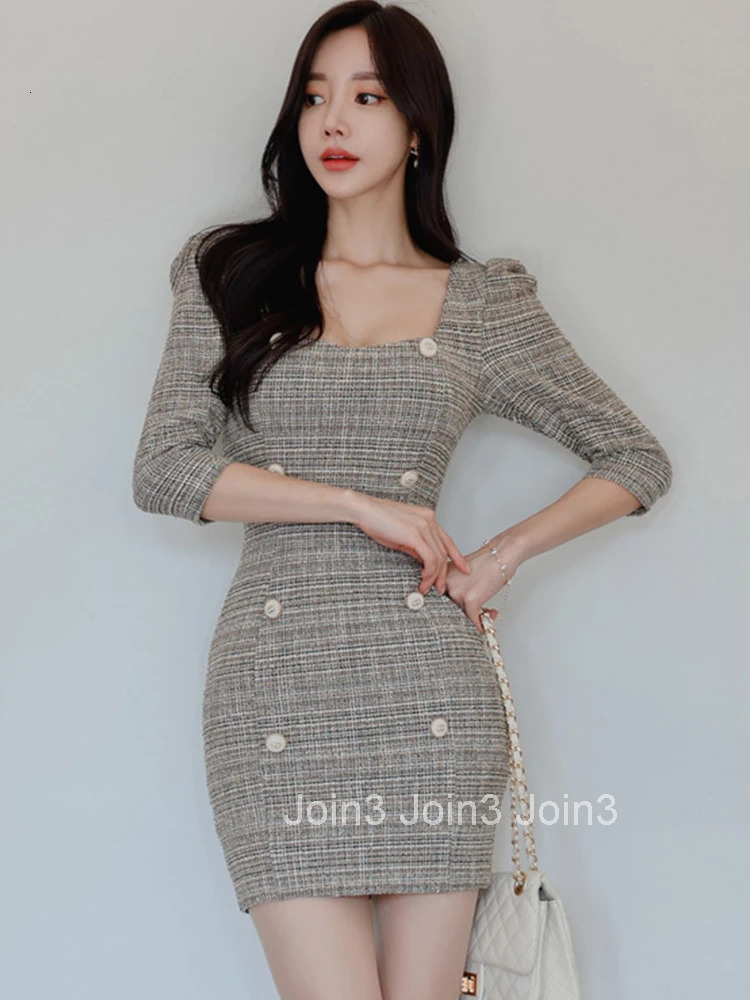 Spring Autumn Fashion Vintage Work Style Formal Pencil Short Dress Women Clothes Elegant Office Plaid Puff Sleeve Slim Vestidos
