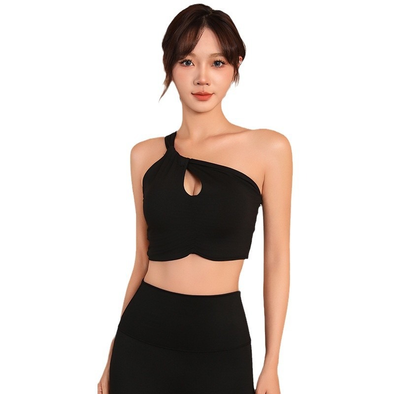 Women's Oblique Shoulder One-Piece Sports Bra - Quick-Dry Fitness Yoga Vest with Gathering & Shaping Features