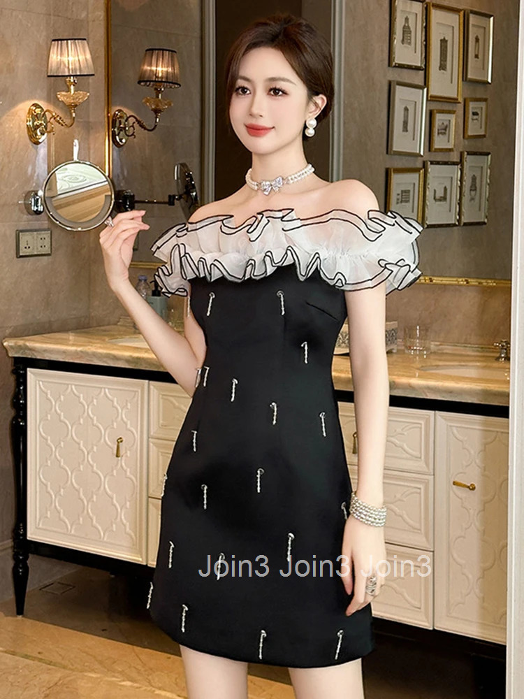 Summer Vintage Black Evening Dress Women Clothes Elegant Luxury Sweet Sexy Off-Shoulder Slim Short Party Club Birthday Vestidos