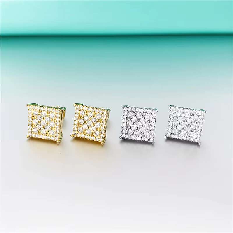R.Gem. Women Fine Jewelry Hiphop Square Shape Screw Back Real Round Cut Moissanite Earrings Men