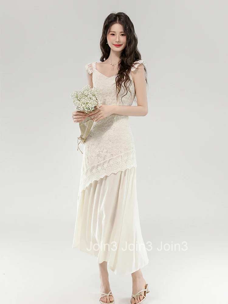 Women Clothes Sweet Lace Floral Sexy Sling V-Neck Slim Midi A-Line Dress Elegant Fashion Party Prom Vestidos Robe Casual Summer