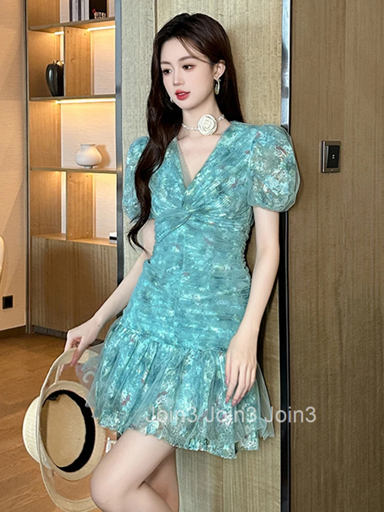 Summer Fashion Blue Mesh Floral Print V-Neck Mermaid Short Dress Women Clothes Sweet Puff Sleeve Skinny Folds Party Prom Vestido