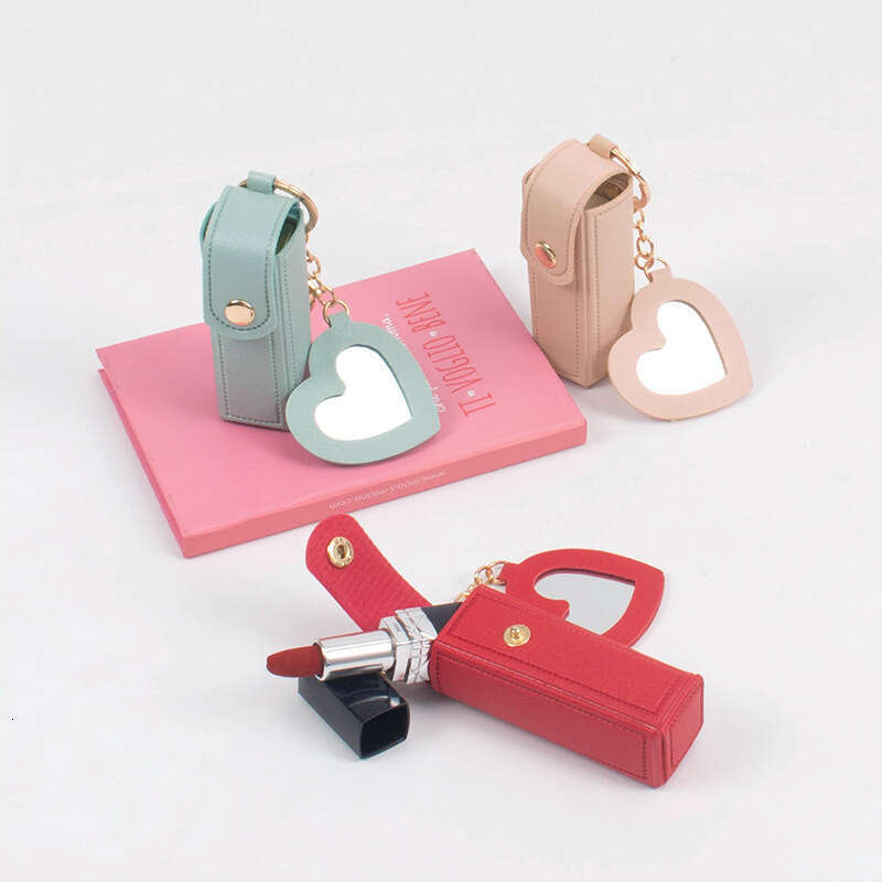 8 Colors Launched! Lipstick Storage Leather Case Keychain, Lovely Heart - Mirror Design