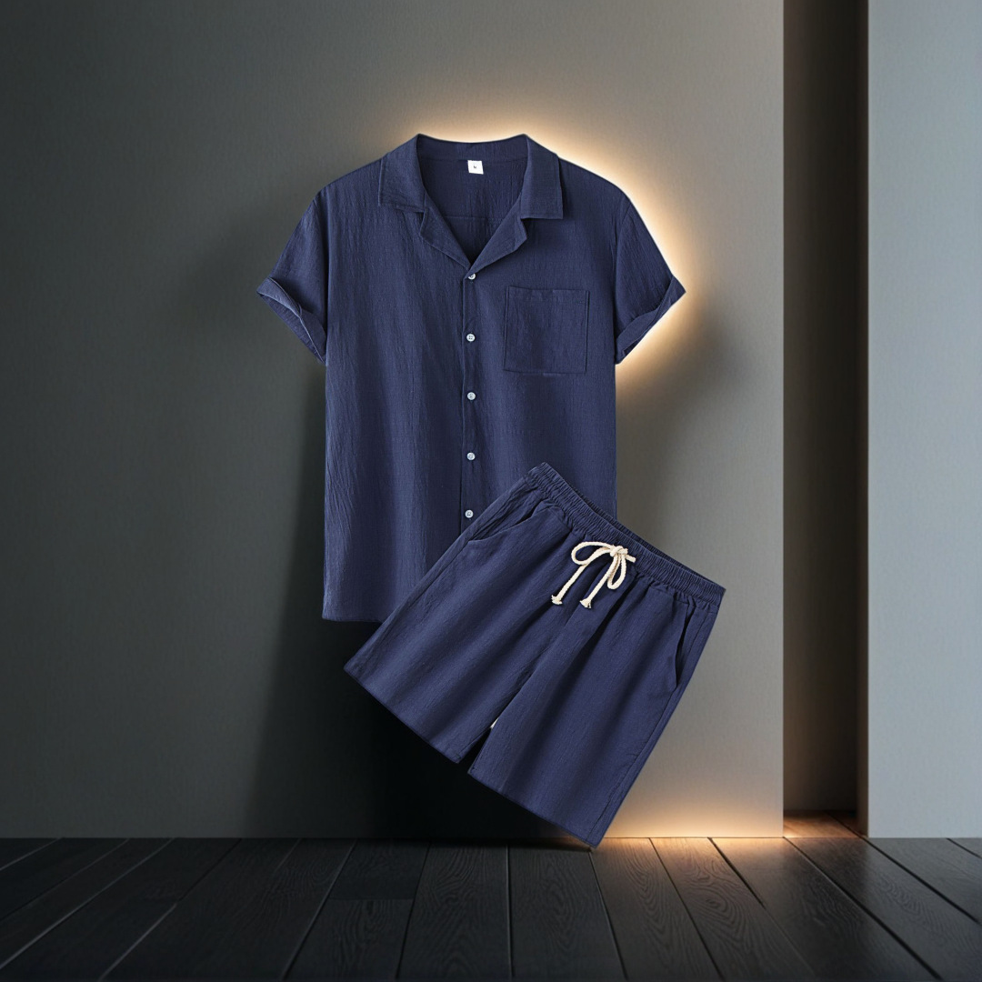 Mens tracksuit Men cotton solid color Hawaiian fashion lapel short-sleeved shirt and shorts set of two pieces European code: S-XL