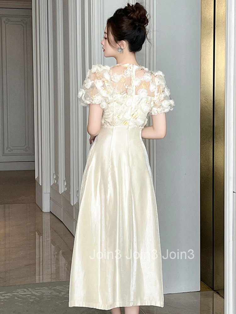 Summer Casual Sheer Sexy O-Neck Evening Dress Women Clothes Sweet Floral Puff Sleeve Slim Midi A-Line Robe Party Prom Vestidos