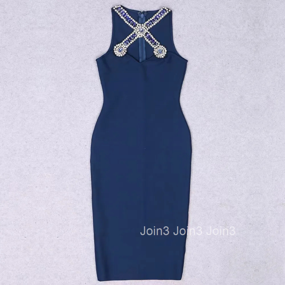 Women Fashion Cross Design Neck-mounted Bodycon Dress Blue Elegant Flash Diamond Embellished Evening Party Red Carpet Gown