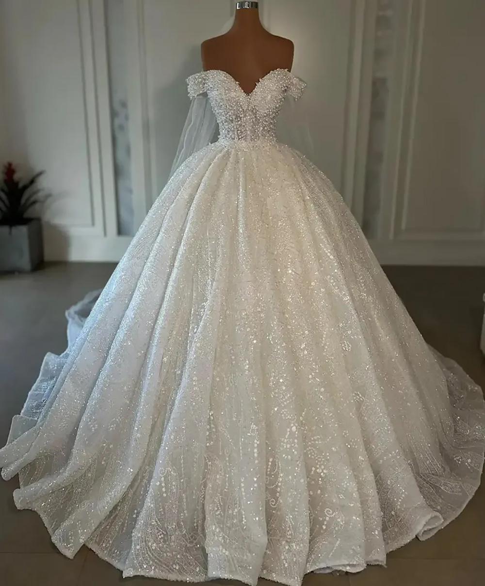 White Wedding Dresses Ivory Bridal Gowns New A Line Sleeveless Applique Sequins Beaded Custom Zipper Lace Up Plus Size Formal Off-Shoulder Sequined Pe