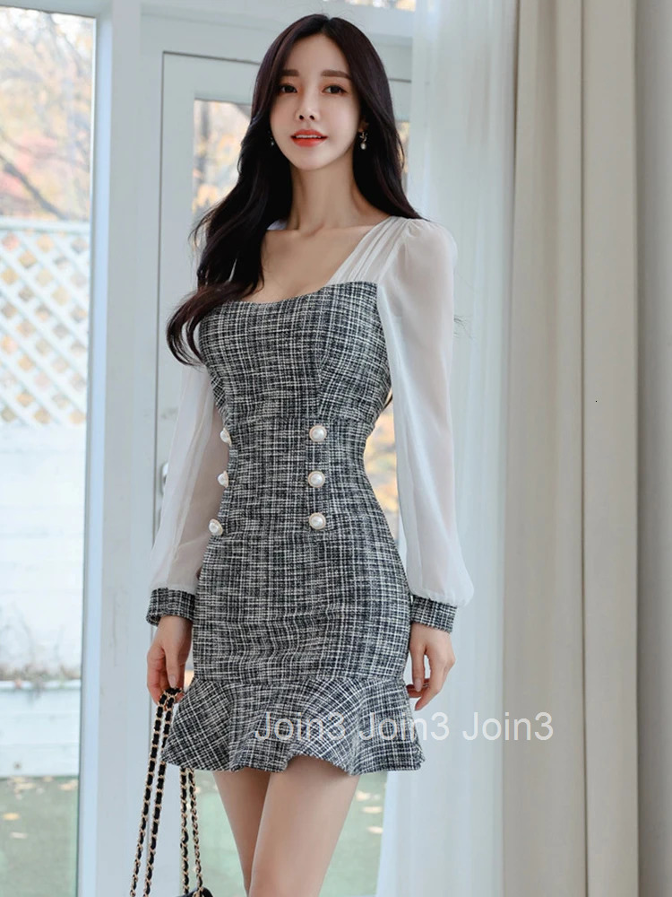 Korean Elegant Office Dress Women Casual Square Collar Chiffon Stitching Tweed Mini Sweet Mermaid Slim Female Vestido Streetwear