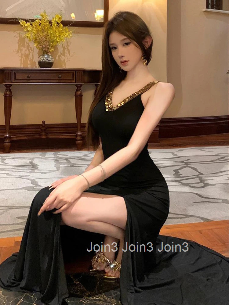 Women Clothes Retro Black Gold Sequin Sexy Strap Backless Slim A-Line Long Dress Elegant Fashion Evening Party Prom Vestido Robe