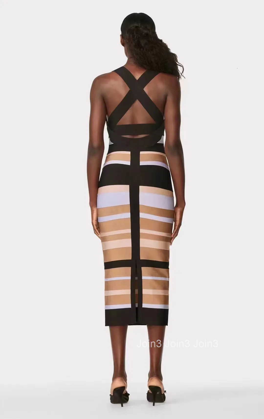 Womens Clothing Fashion Bandage Dress Colorful Striped Casual Neck-mounted Vestidos Sleeveless Backless Vacation Wear Summer