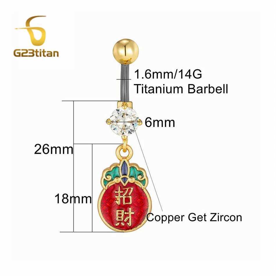 Chinese Lucky Bling Word Pendant Belly Rings G23 Titanium Rod 14G Navel Bar Golden Bo Piercing Male Female Romantic JewelryXJ250623