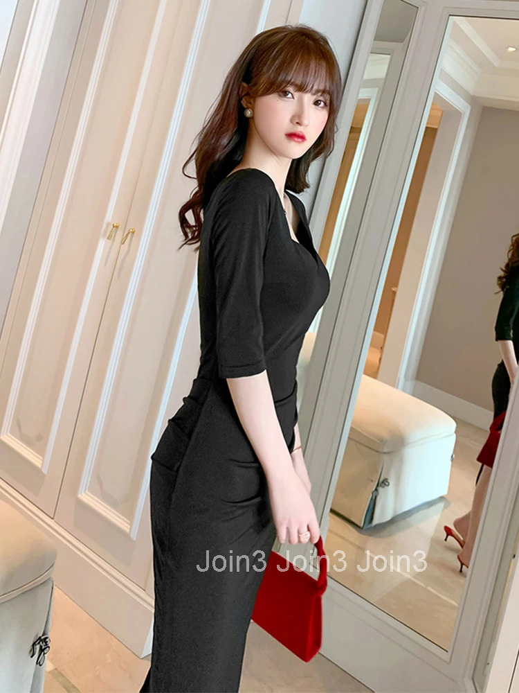 Summer Midi Skinny Bodycon Party Club Dress Ladies OL Elegant Retro Sexy Deep V Low-cut Black Asymmetrical Beach Holiday Dress