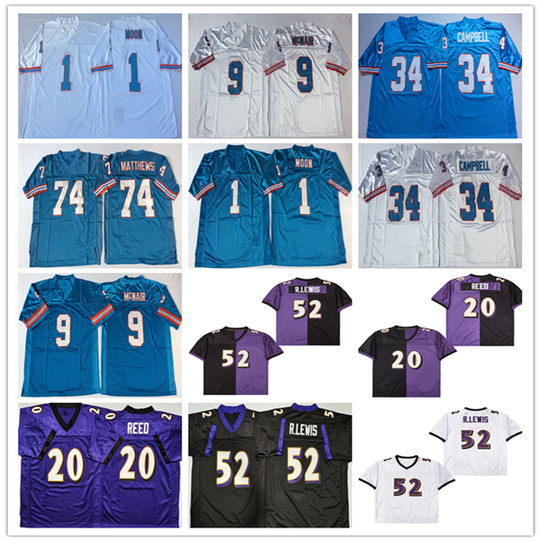 American Throwback Football Jerseys 52 Ray Lewis 20 Ed Reed 34 Earl Campbell 1 Warren Moon 9 Steve McNair 74 Bruce Matthews Stitched Retro Blue White Black Purple Shirt