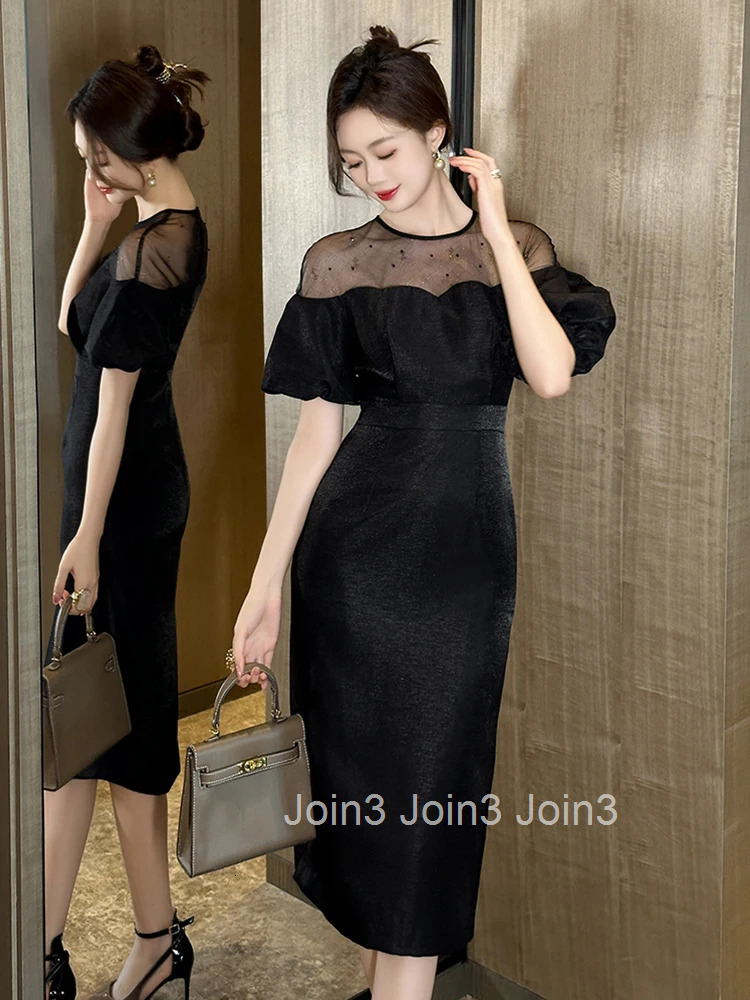 Summer Mesh Splice Bubble Sleeve Evening Dress Women Clothes Elegant Retro Sheer Sexy O-Neck Slim Midi Pencil Party Prom Vestido