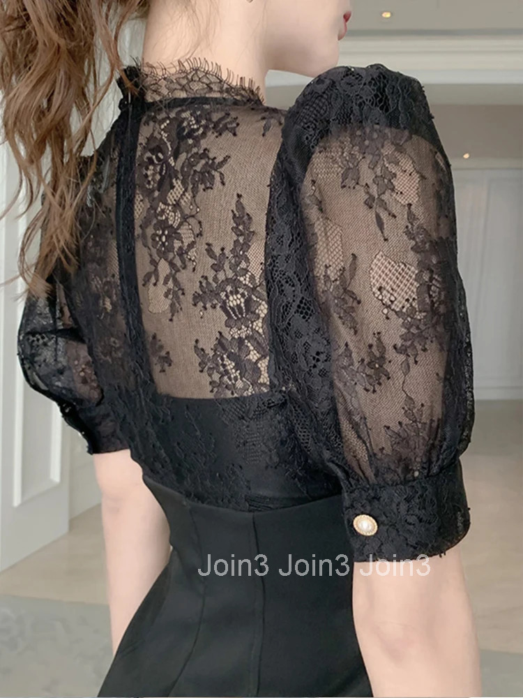 New Arrival Fashion Korean Bodycon Party Dress Women Elegant Summer Sexy Perspective Lace Temperament OL Black Pencil Dress