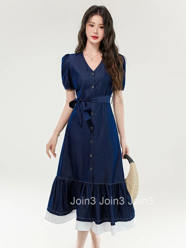 Women Street Clothes Denim Vintage V-Neck Single Breasted Belt A-Line Long Dress Elegant Fashion Vestidos Robe Casual Summer New
