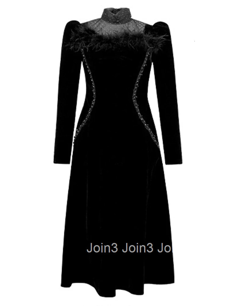 Women Clothes Retro Velvet Feather Stand Neck Slim Midi A-Line Dress Elegant Fashion Evening Party Prom Vestidos Robe Casual New