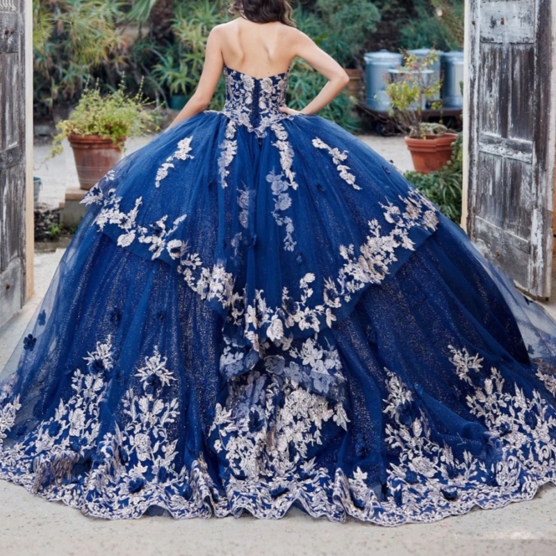 Navy Blue Shiny Ball Gown Quinceanera Dresses Applique Flower Beading Tull Sweet 16 Dress Vestidos De 15 Anos