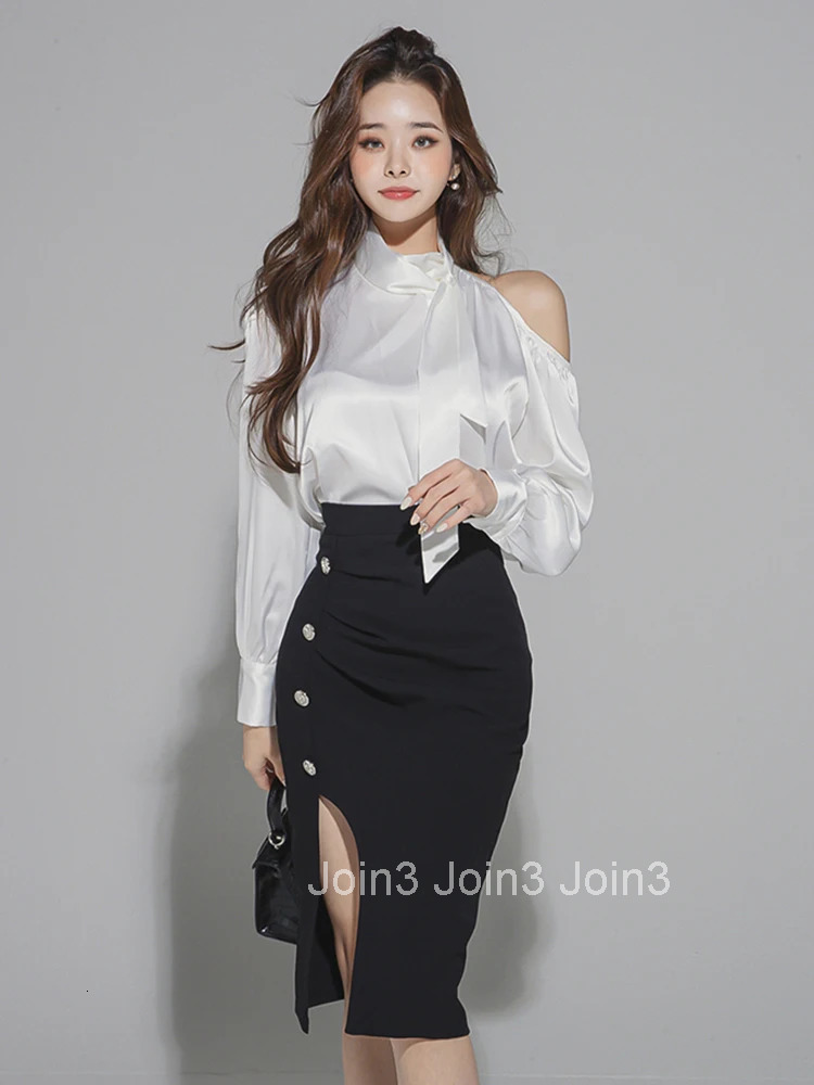 New Arrival Work Style Women Sets Off Shoulder Loose White Shirt And Slim Sexy Pencil Skirt Elegant Formal Two Pieces Women Sets