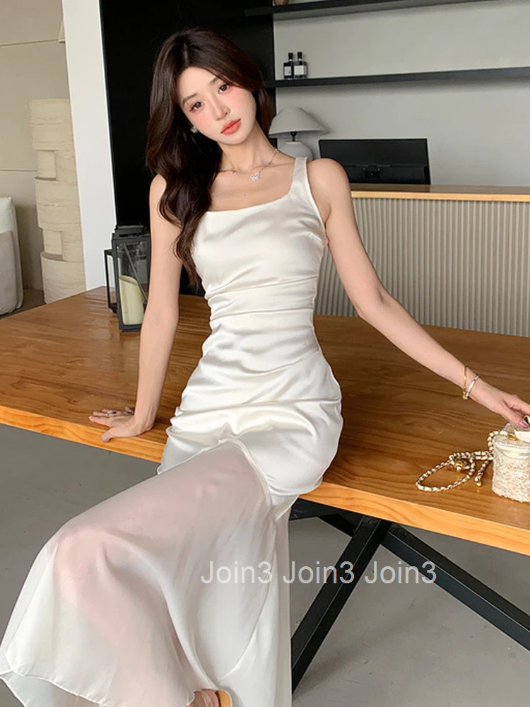 Women Vacation Clothes Satin Sheer Sexy Tank Slim Midi Evening Dress Elegant Ladies Fashion Party Prom Vestido Sweet Long Summer