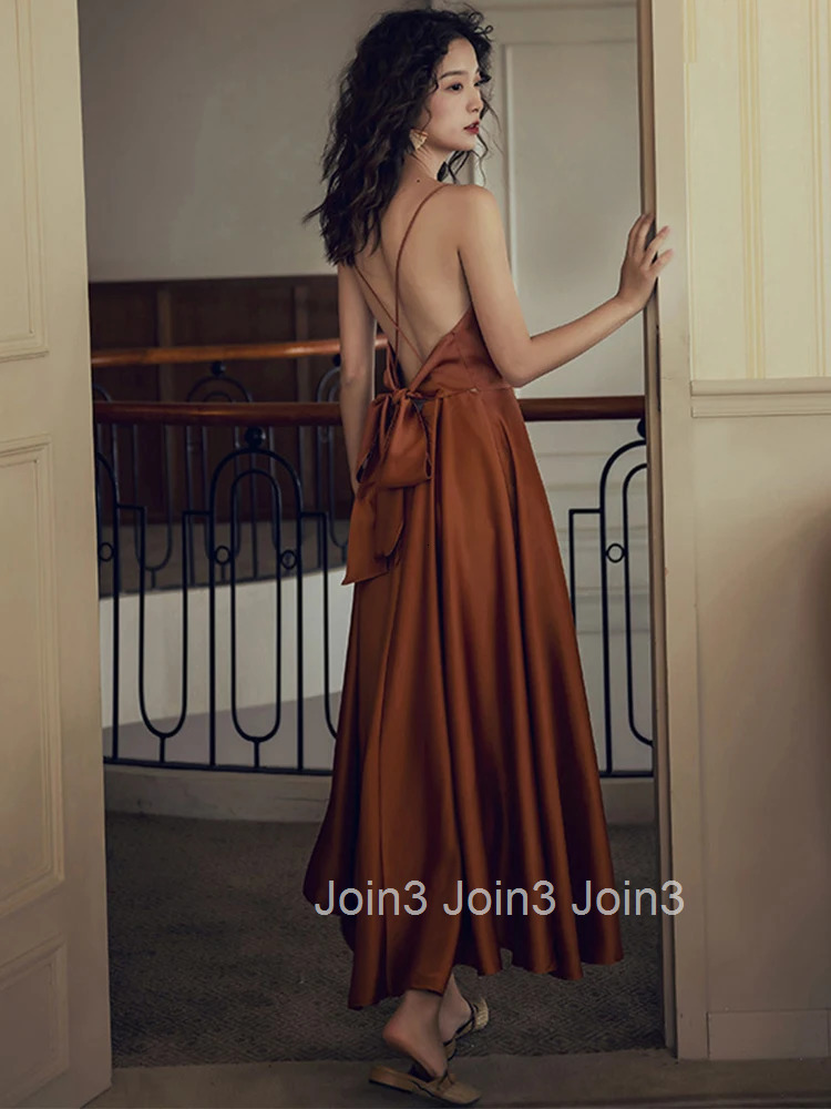 New Fashion Summer Women Elegant Long Dress Chic Satin Sexy Strap Backless Dresses A-line Party Prom Beach Robe Femme Vestidos