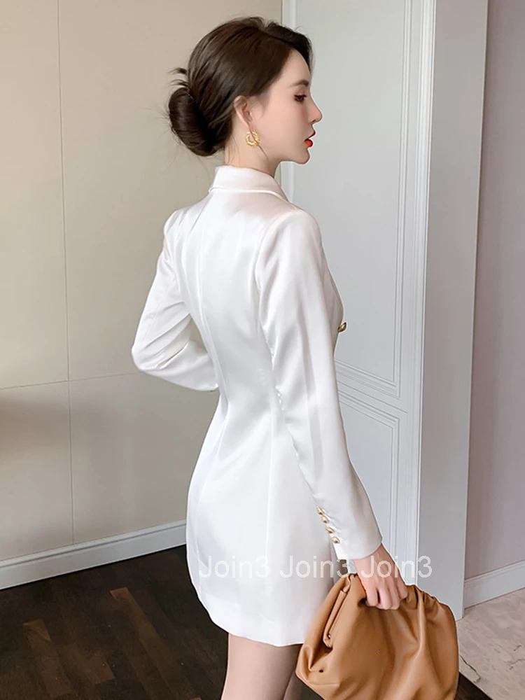 Fashion Vintage Blazer Double breasted Long Sleeve Mini Dress Women OL Elegant Casual White Imitation Silk Acetate Female Dress