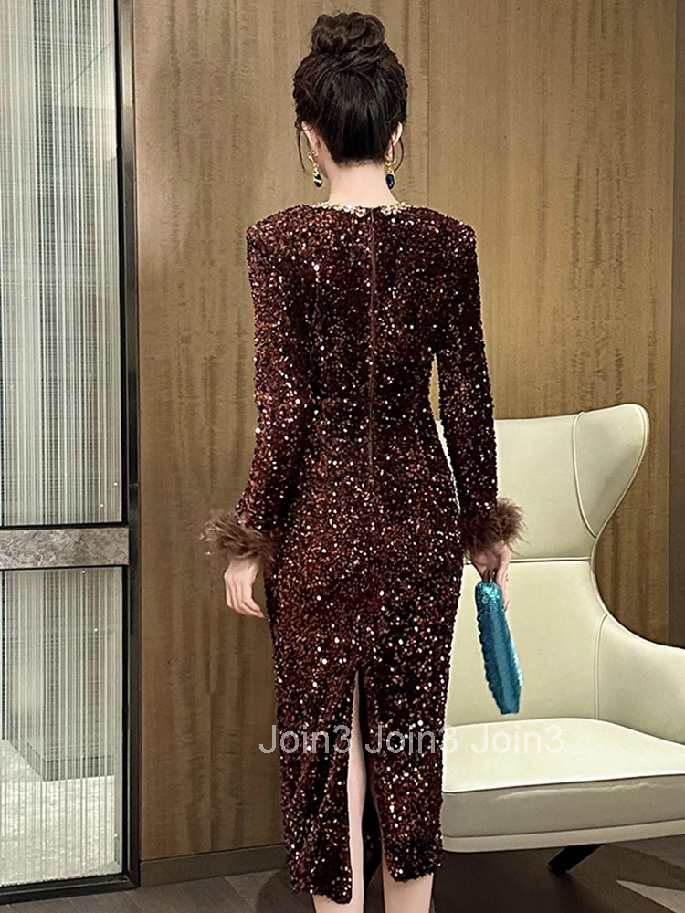 Women Clothes Formal Occasion Sparkly Sequin O-Neck Skinny Evening Dress Elegant Luxury Fashion Party Prom Vestidos Casual New