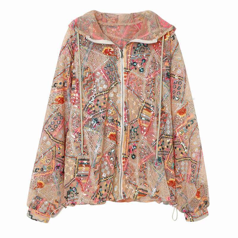 Long Sleeves Hoodie Outerwear European Chic Women Sequins Jacket Elegant Colorful Bling Floral Pink Coat Casual Loose Ins Spring