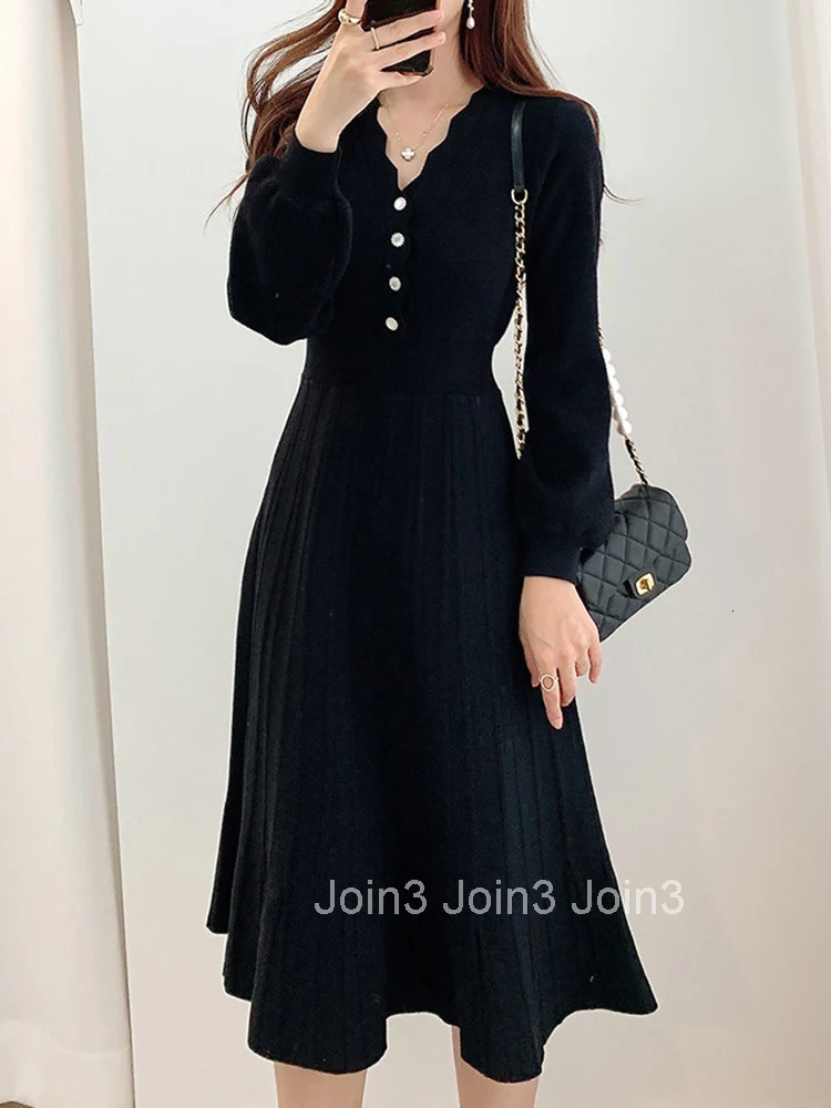 New Fashion Autumn Winter Knitted Long Dress Women Ladies Clothes Sweater Inner-Match V-Neck Slim Midi Mujer Robe Femme Vestidos