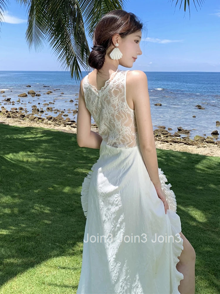 Women Vacation Clothes White Lace Floral Sheer Sexy V-Neck Slim A-Line Long Dress Elegant Fashion Party Prom Vestido Robe Casual