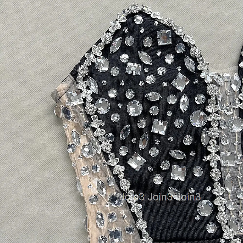 Womens Rhinestone Beading Embellished Lace Sheer High Side Split Dress Sexy V-Neck Flash Club Party New Summer 2025