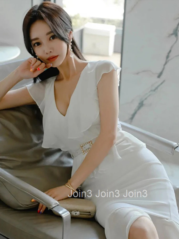New Summer Fashion White Work Style Formal Mermaid Dress Women Clothes Elegant Office Sweet Ruffle Sexy V-Neck Slim Midi Vestido