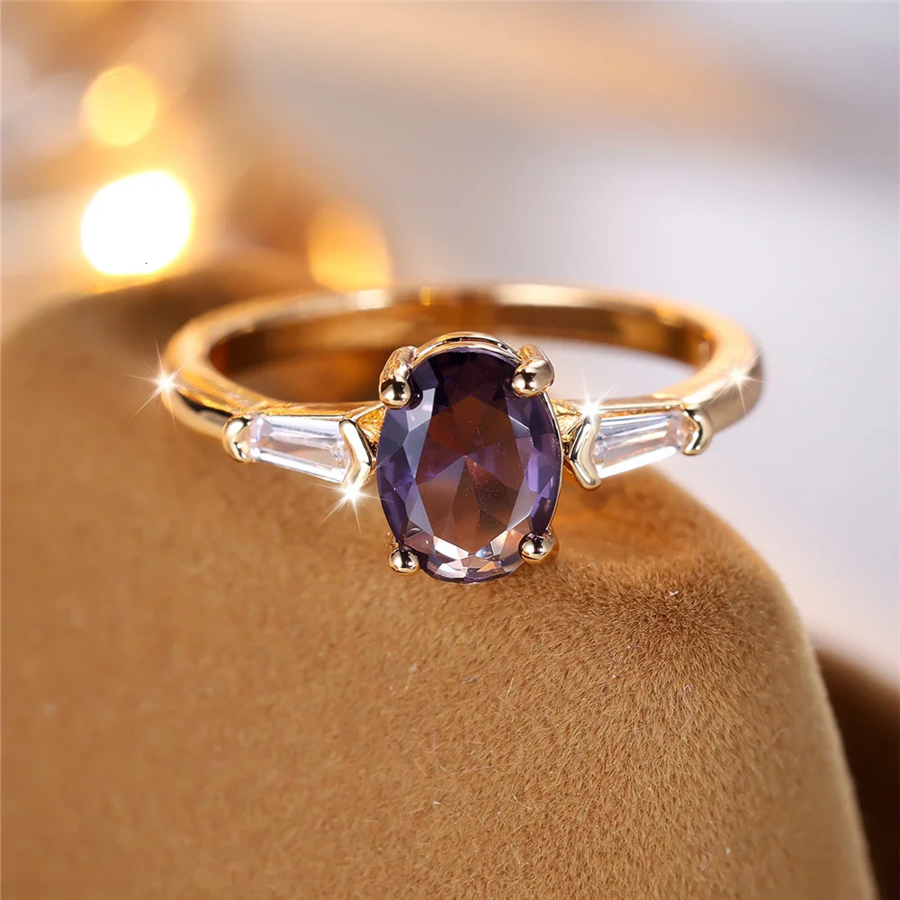 Purple Zircon Stone Male Female Fashion Crystal Engagement Ring Vintage Gold Color Wedding Jewelry For Women Men 250617