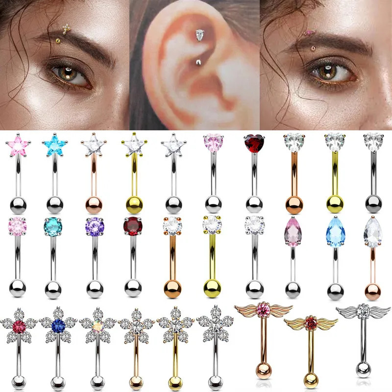 Crystal Star Eyebrow Piercing Jewelry Heart Curved Barbell Rook Earrings Tragus Helix Cartilage Angle Wing Ring 250613