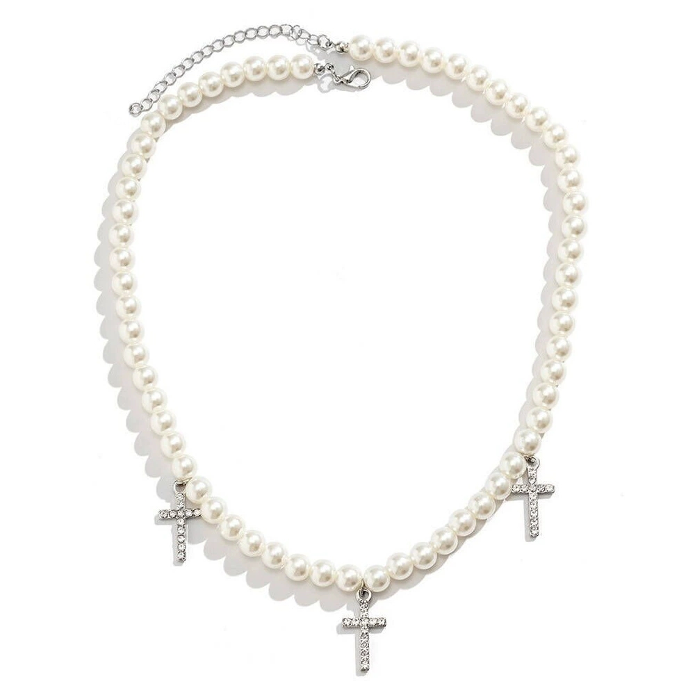 A diamond-encrusted cross imitation pearl necklace with a retro design and a simple, individual and elegant pendant