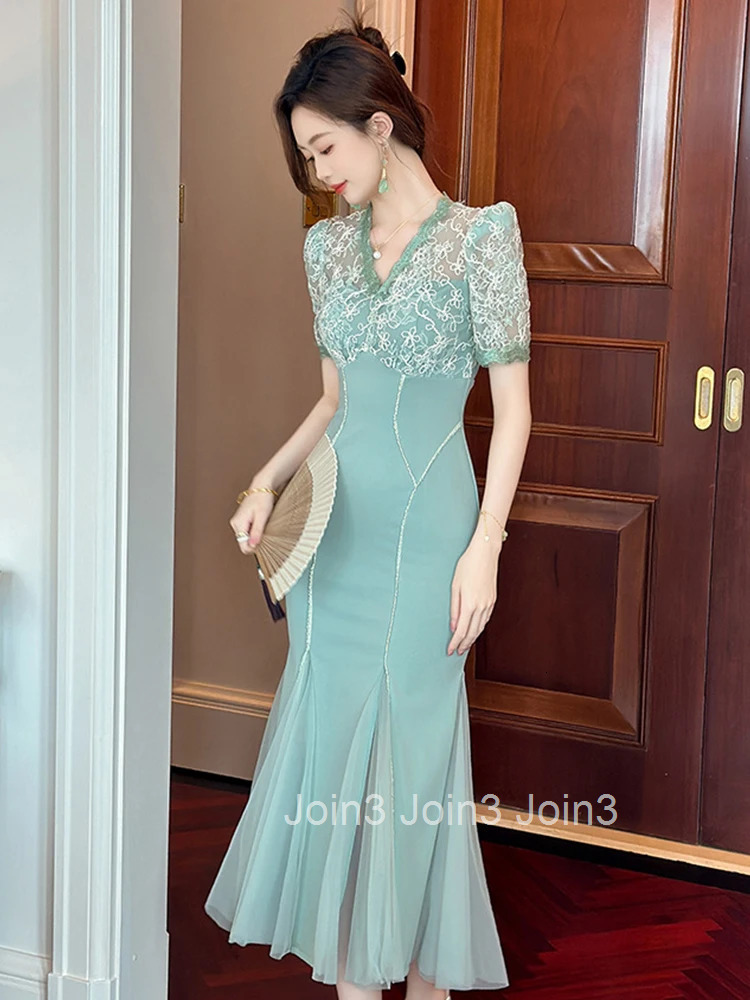 Women Clothes Sweet Lace Floral Short Sleeve Slim Midi Fishtail Dress Fashion Party Prom Vestidos Formal Occasion Casual Summer