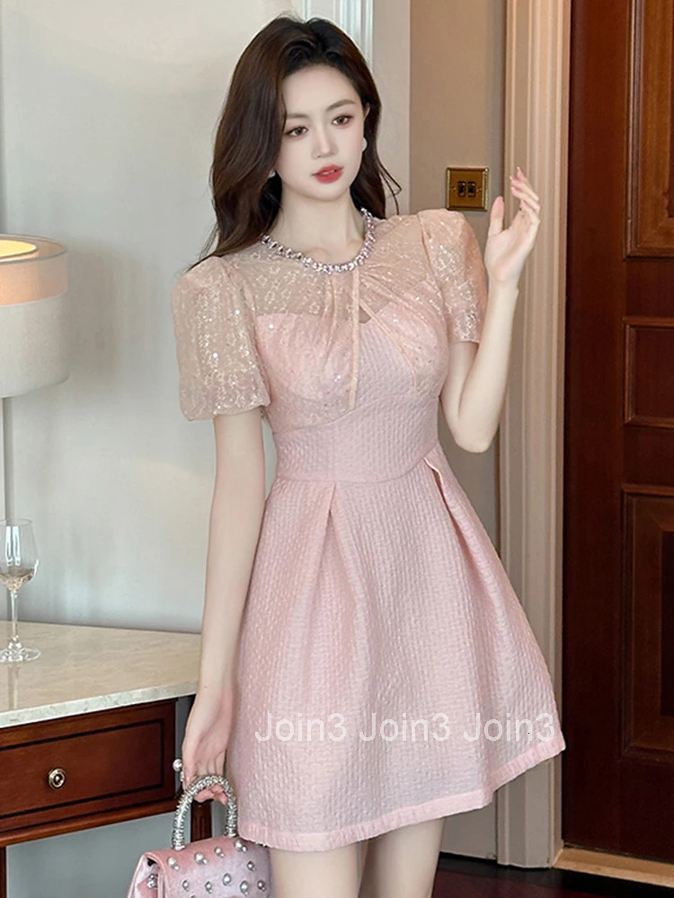 Women Clothes Sweet Pink Lace Sheer Sexy O-Neck Slim A-Line Mini Short Dress Elegant Ladies Fashion Evening Party Prom Vestidos