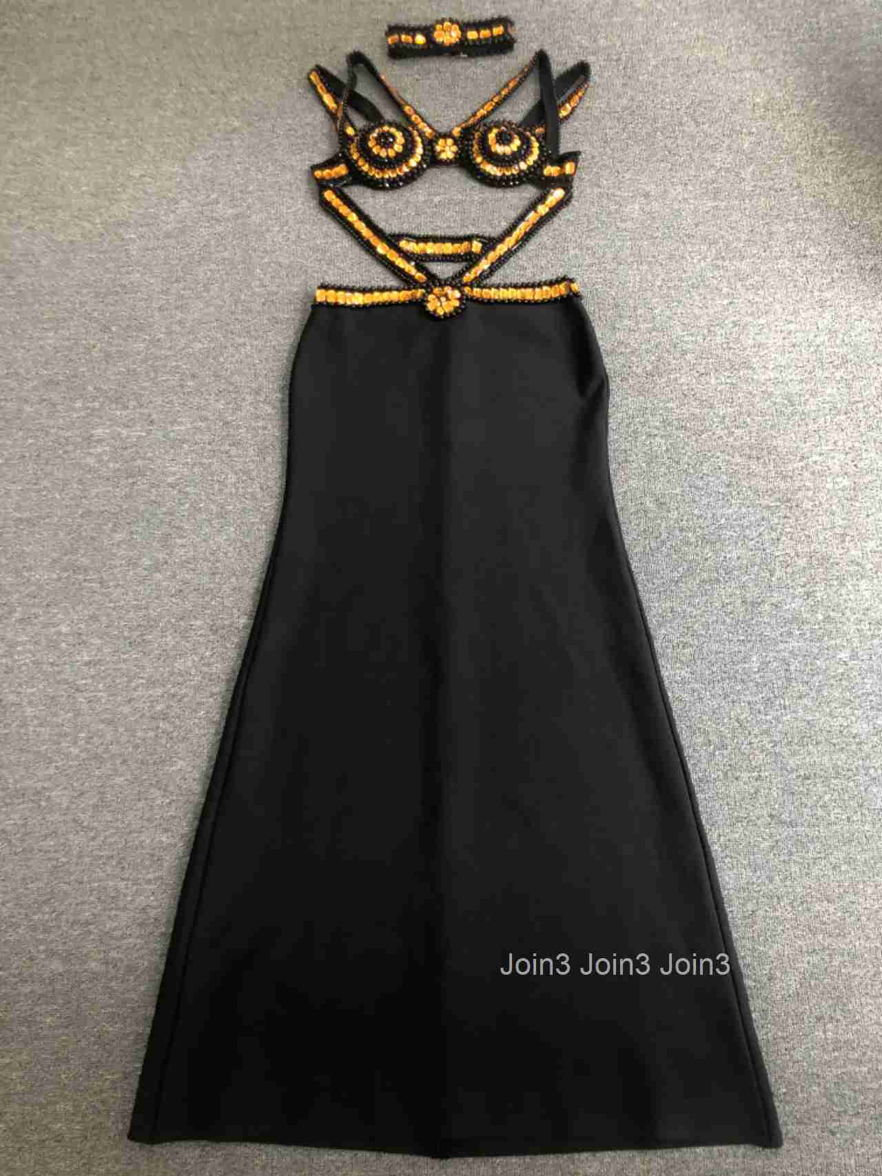 Chic Womens Clothing Sexy Hollow Backless Long Dress Necktie Fashion Bandage Two Pieces Black Sleeveless Cocktail Party Gown