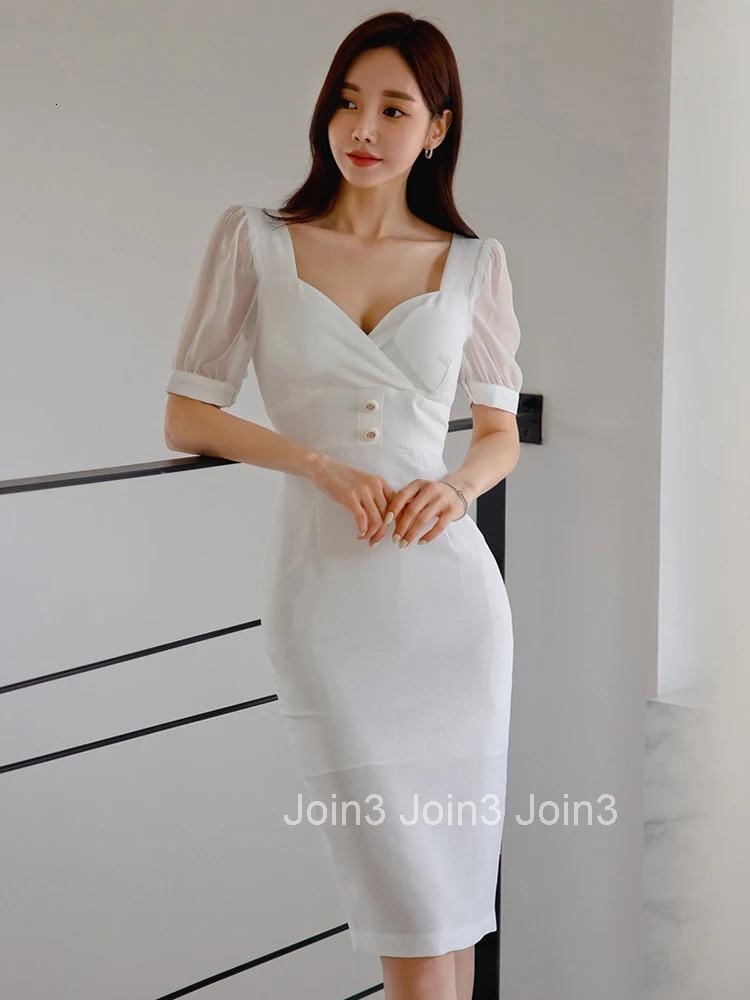 Korean Fashion Summer Evening Dress Women Elegant Chic Solid Deep V-Neck Slim Wrap Hip Midi Party Mujer Vestidos Street Clothes