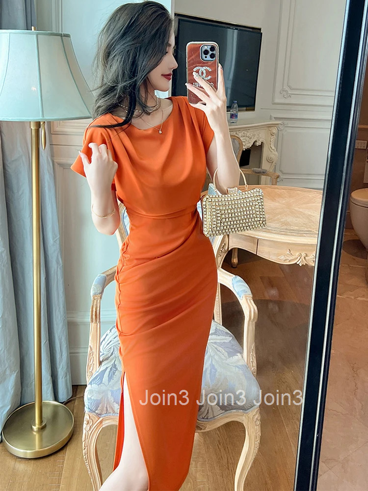 Summer Formal Occasion Long Pencil Dress Women Elegant Office Casual O-Neck Wrap Hip Slit Midi Robe Femme Mujer Vestido Clothing
