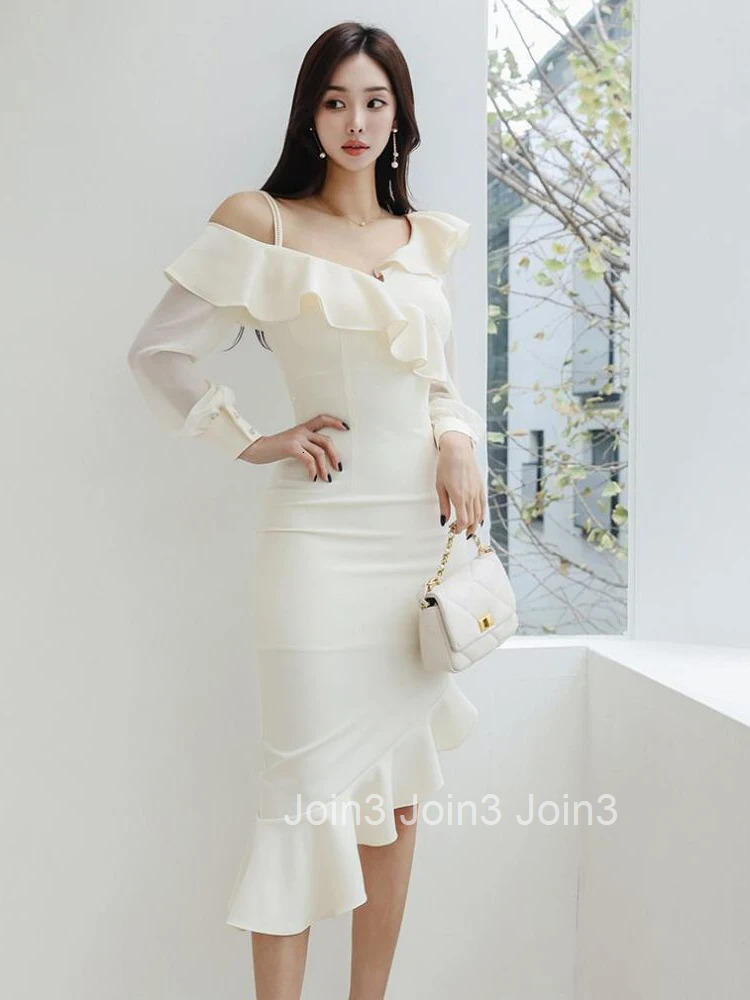 New Fashion Lady Asymmetrical Evening Dress Women Clothes Elegant Sweet Ruffle Sexy Off-Shoulder Slim Party Prom Vestidos Robe