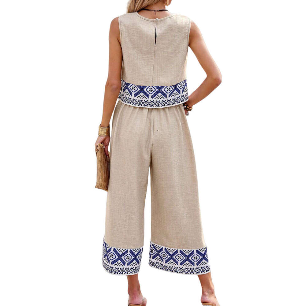 New Summer Printed Casual Top And Wide-Leg Pants Two-Piece Set For Women Ethnic Style B5