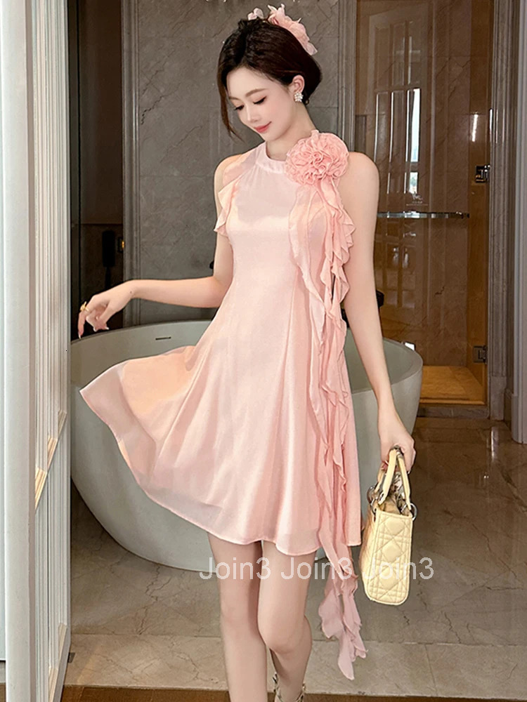 New Summer Fashion Pink Chiffon Evening Dress Women Clothes Elegant Sweet Flower Sleeveless Slim Short A-Line Party Prom Vestido