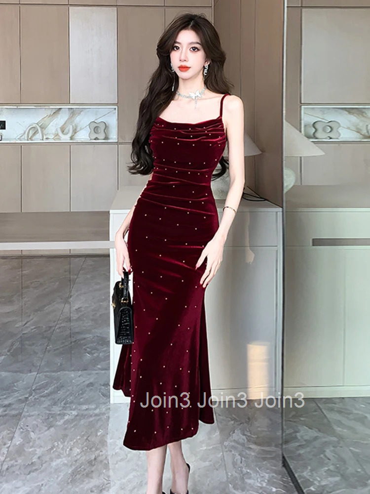 French Elegant Luxuriy Banquet Dress Women Celebrity Strap Bodycon Folds Fishtail Robe Lady Evening Party Host Vestidos Mujer